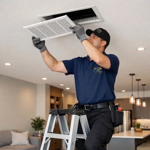 Harbour Facility Group technician cleaning an air-conditioning unit